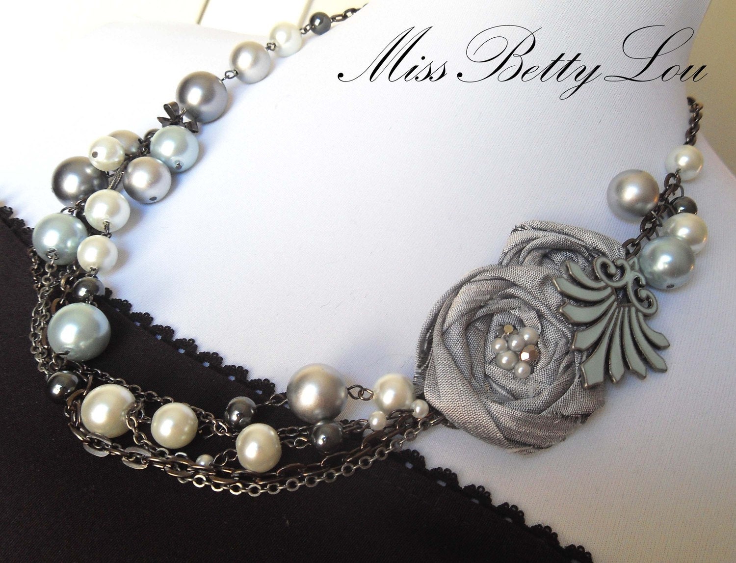 Gray, Blue, Gunmetal and Pearl Statement Necklace