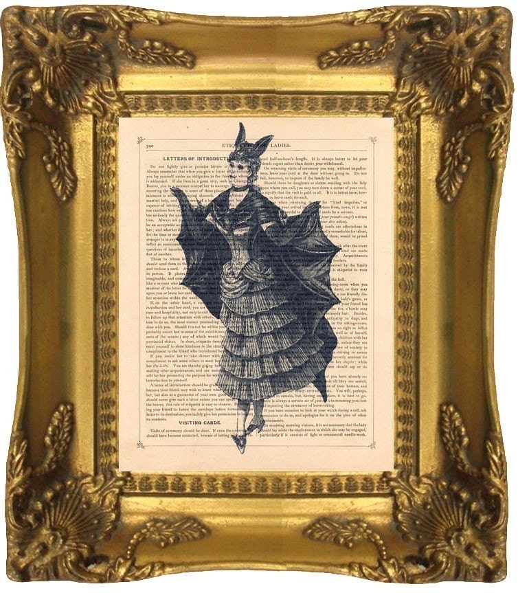 VINTAGE GOTHIC BAT LADY 2 HALLOWEEN PRINT on Antique 1882 Upcycled Book Page paper, FREE WORLDWIDE SHIPPING, SPECIAL BUY ANY 4 PRINTS GET 2 MORE PRINTS FREE