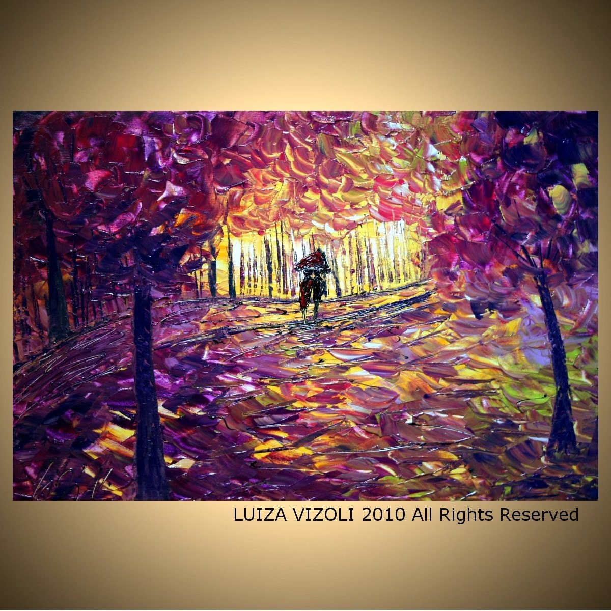 PURPLE RAIN Original Modern Abstract Palette Knife Oil Painting Park Romance Autumn Trees on Large Canvas by Luiza Vizoli 36x24