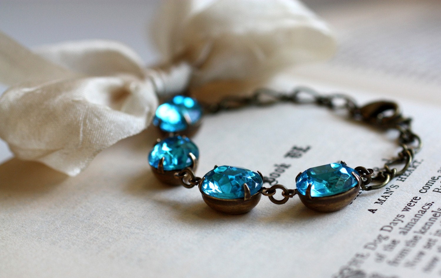 Something Blue. Vintage Aqua Jewel Bracelet  with Cream Ribbon