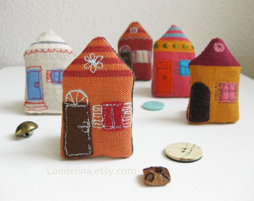 Little house brooch . burnt orange and brick red with aqua embroidery