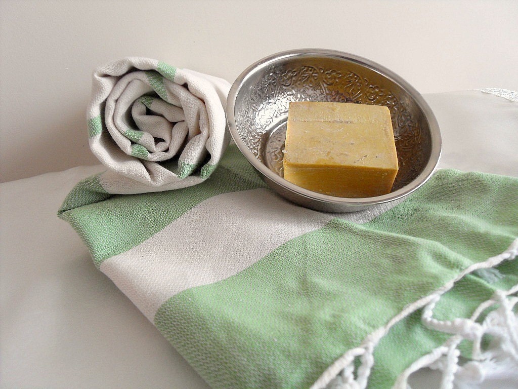 Traditional Peshtemal From Turkish Hamams Forest Green And Ivory With Olive Oil Soap And Bell Metal Mini Bowl Bath And Beauty