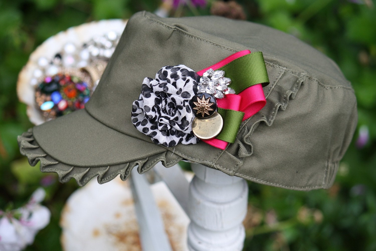 SALE : Garden Ruffles Hat No.2 - An army green military style womens hat embellished with fabric flowers and  vintage brooch sparkle