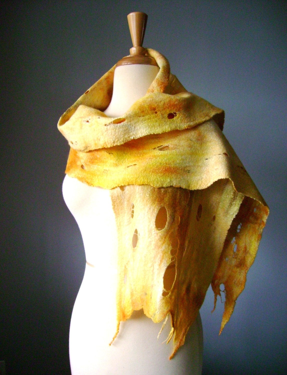 GOLDEN FLOOD hand felted cobweb shawl / wrap / scarf wool silk bamboo luxury OOAK