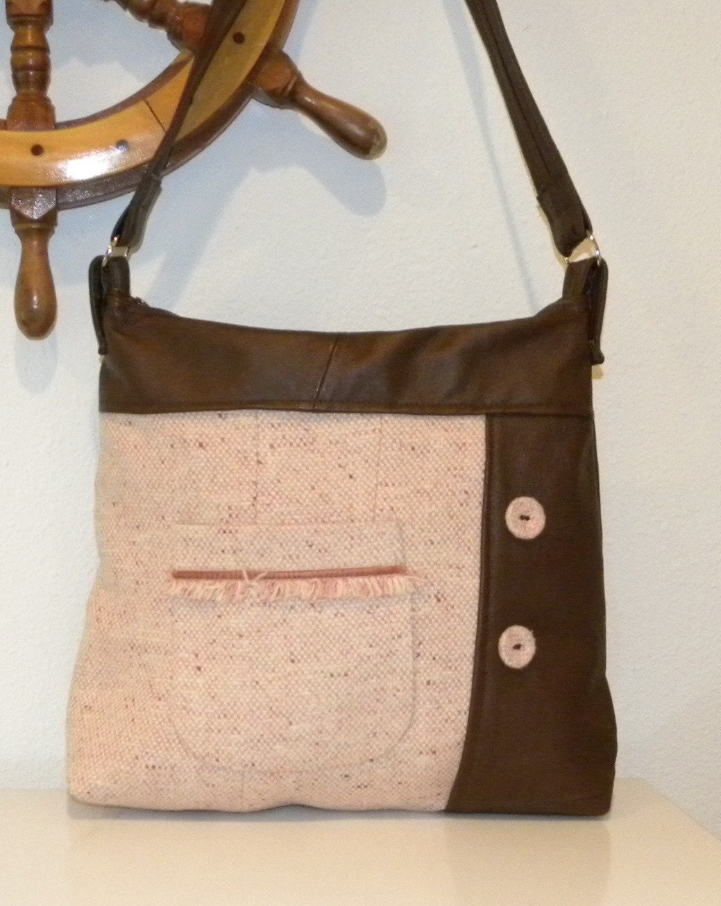 Handmade from a Reddish Brown Leather jacket and a Salmon Pink Tweed Jacket - Handbag - hobo bag - Tote Bag - Purse