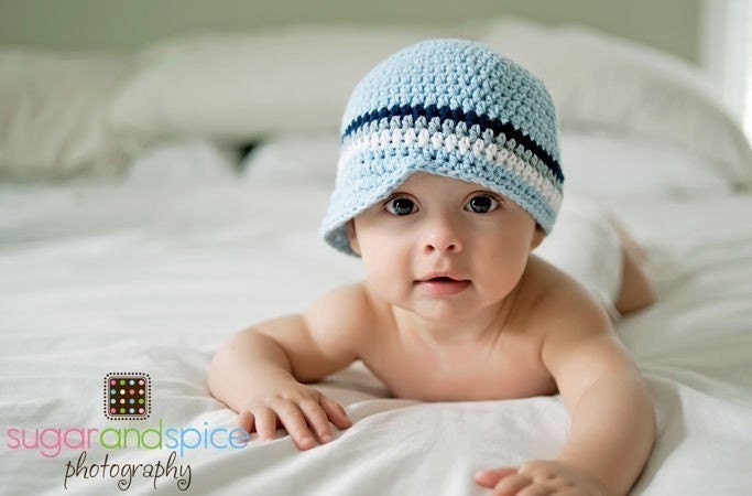 6- 12 Month Baby Boy Visor Hat - baby blue, navy, gray, white, natural cotton, photo prop