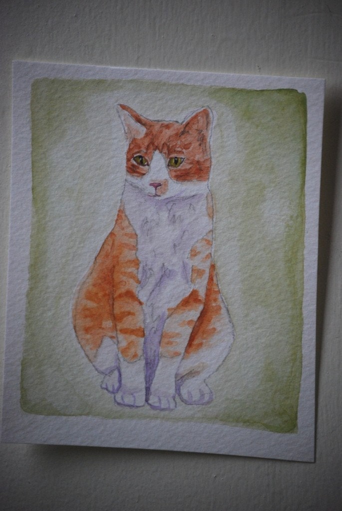 Original Watercolor Orange and White Cat Portrait, 50 percent donated to the ASPCA animal rescue group
