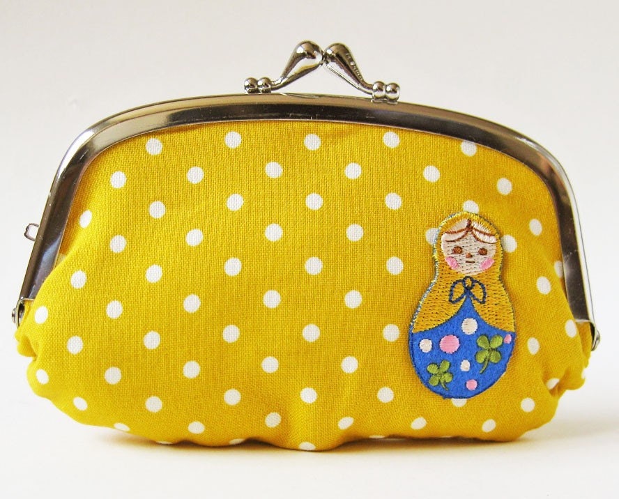 Coin purse/wallet - matryoshka on yellow polka dot