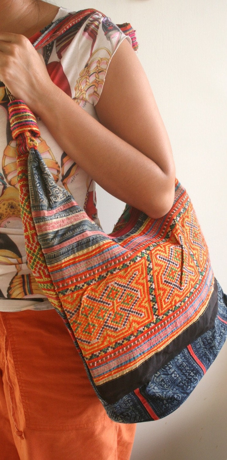 Recycled Embridered Tribal Cotton SLING BAG - HOBO BAG - SLOUCH PURSE