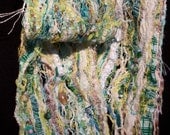 Sea Side Cottage X-Stream Fibers Quilted Fashion Scarf, cotton, ribbons, wool, and glass beads in aqua.