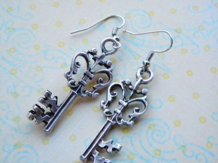 Antiqued Silver Key Charm Earrings