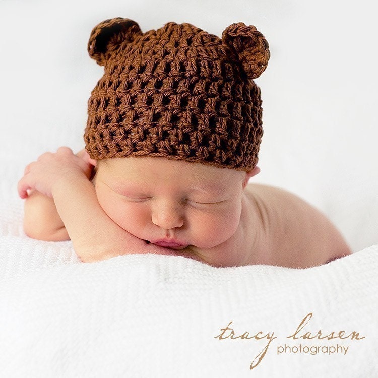 Newborn-3 Months, Infant Baby Cotton Crochet Beanie, Chocolate Brown, Baby Bear Hat, Photographer Prop, Newborn Photography Prop