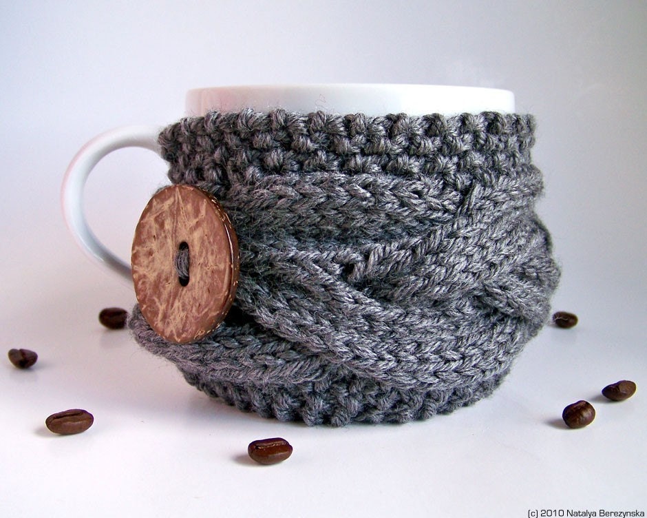 Grey Mug Cozy, Gray Cup Sleeve, Coffee Tea, Twilight Silver Dark Fall Ash, Knitted Cabled Steampunk