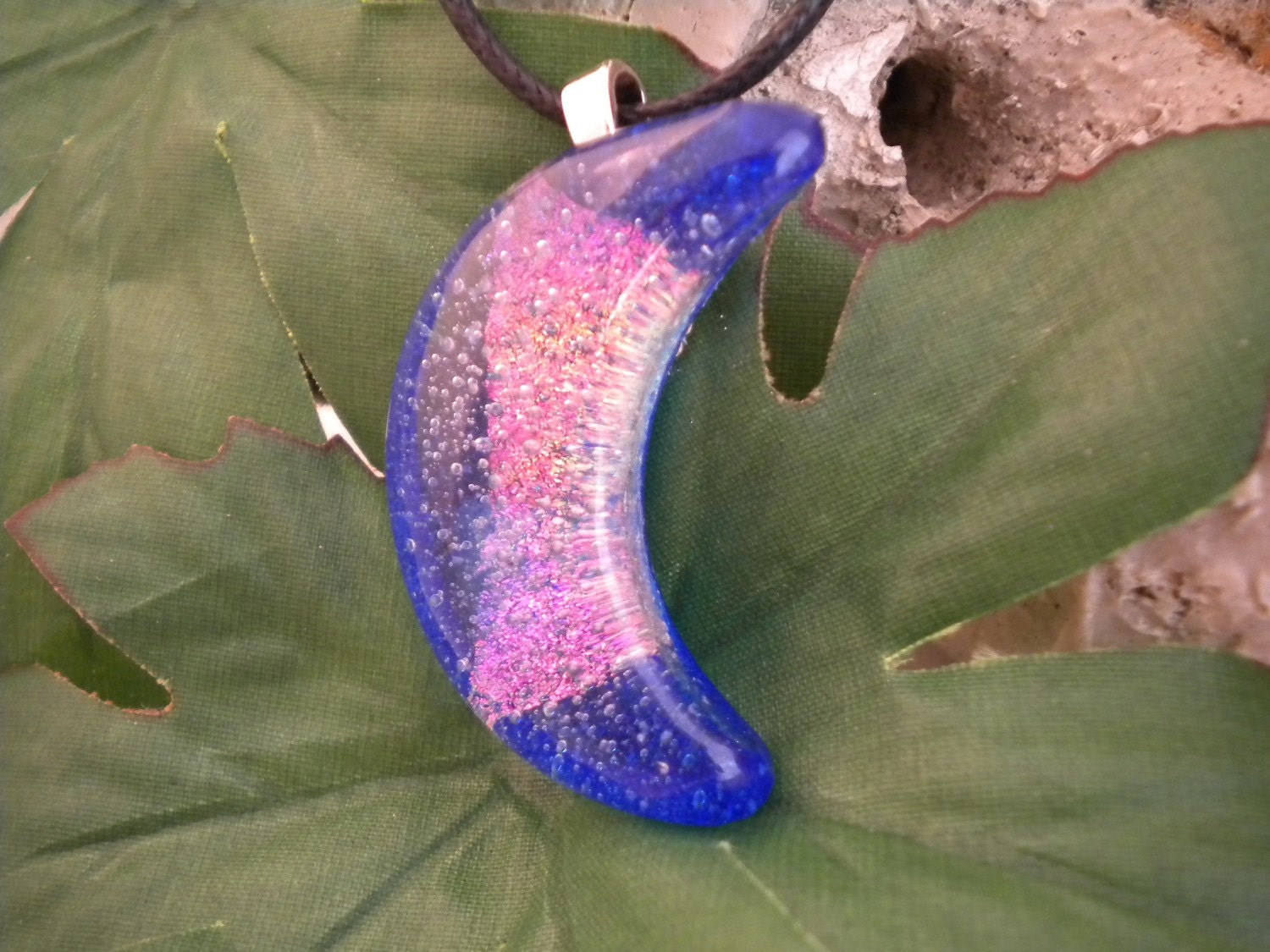 Crescent Moon Blue and Pink Fused Glass Pendant