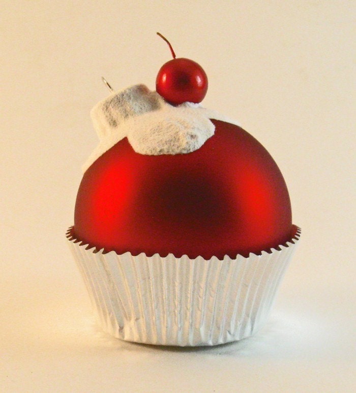 Large Red Glass Cupcake Ornament with Flocked White Frosting and a Cherry on top