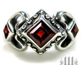 Princess LOVE Engagement Ring, Gothic Sterling Silver Wedding Band, Red Garnet, Size 7