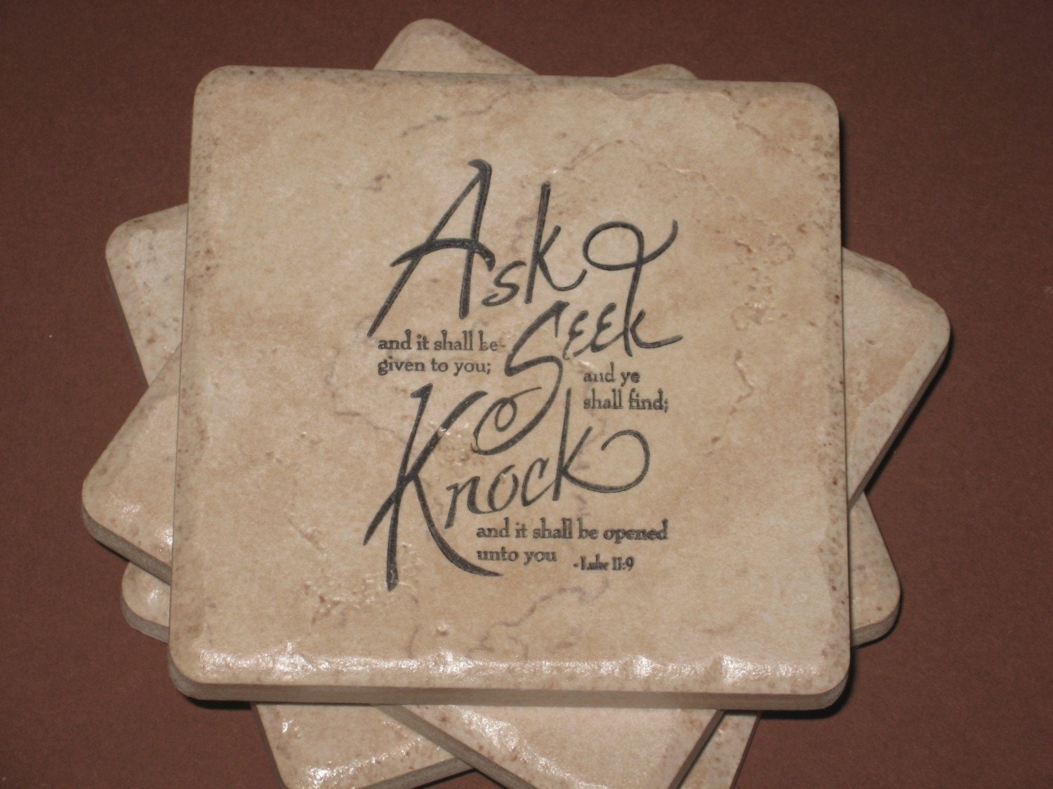 scripture tile coasters ask seek knock