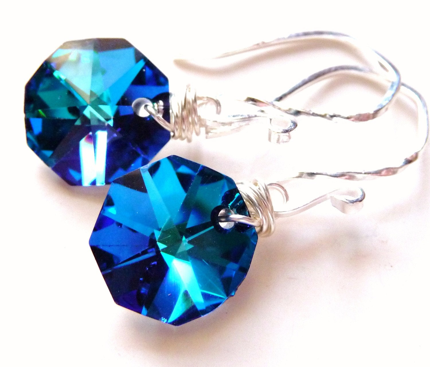 Bermuda Blue Crystal Octagon Briolette Handmade Earrings - Sterling Silver Dangles
