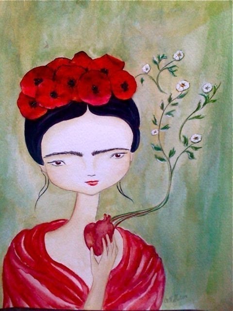 Frida
 Kahlo with poppies 8x10 art print. Archival print of my mixed media 
painting