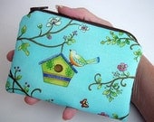 NEW--ECO-FRIENDLY Little Zipper pouch coin purse Gadget Case--Aqua Bird House (Padded)
