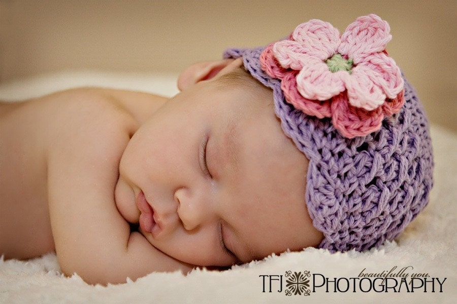 6-12 month Shell Beanie with Flowers -lt grape, rose, pink, celery
