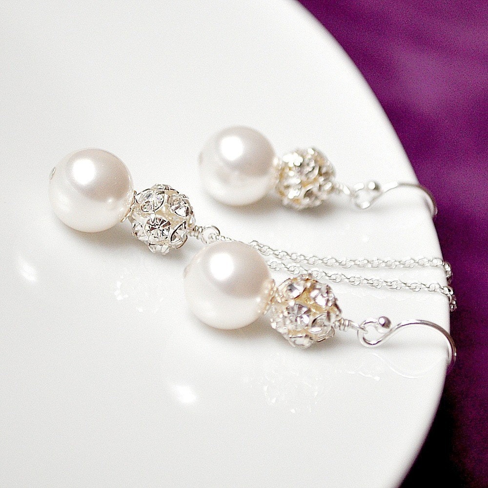 Bridal Set, White Pearl and Rhinestone Sparkle Pendant Necklace and Earrings. Sterling Silver Beaded Wedding Jewellery for the Bride or your Bridesmaids Gifts