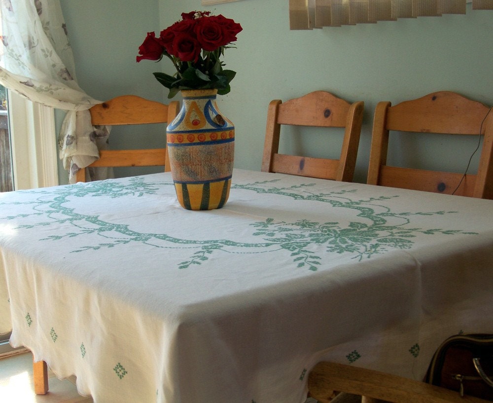 Vintage White Linen with Green Cross Stitch, Hand Embroidered Table Cloth, 80 X 60 inches.