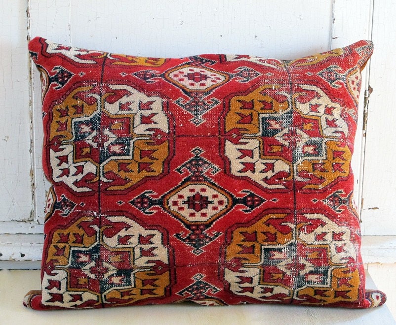 Kilim or Oriental Rug Pillow. Gold, Red, Cream, and a bit of Navy