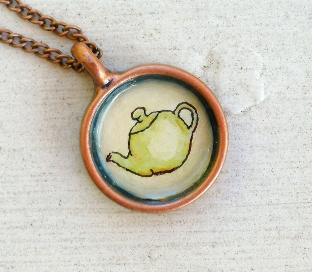 hand painted necklace, original watercolor pendant, Green Tea Pot