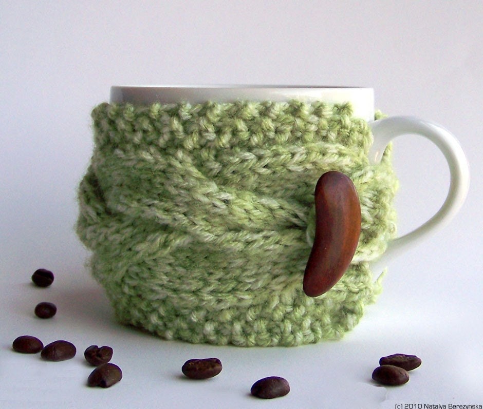 Green Apple Cup Cozy, Avocado Mug Sleeve, Grass Moss Sage Mint Peapod Wood Woodland Forest Nature Turf, Knitted Cabled, fresht fttt