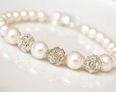 Bracelet, Bridal Wedding. Winter White Pearl and Rhinestone Ball Simple Single Stranded Sleek Modern  Glamour Sparkle Custom Handmade Beaded Jewellery for the Bride or your Bridesmaids Gifts
