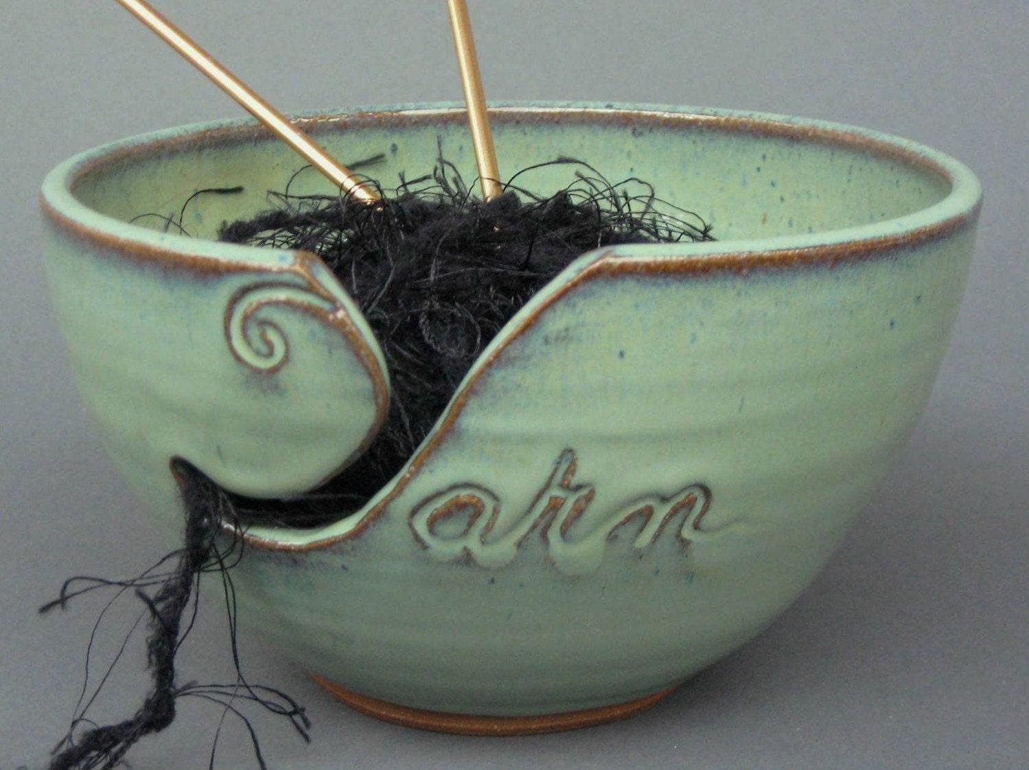 Yarn Bowl Green Handmade Pottery Knit Crochet Purl Stitch Fiber Art Needle Crafts