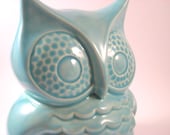 Vintage Ceramic Owl Coin Bank, Turquoise