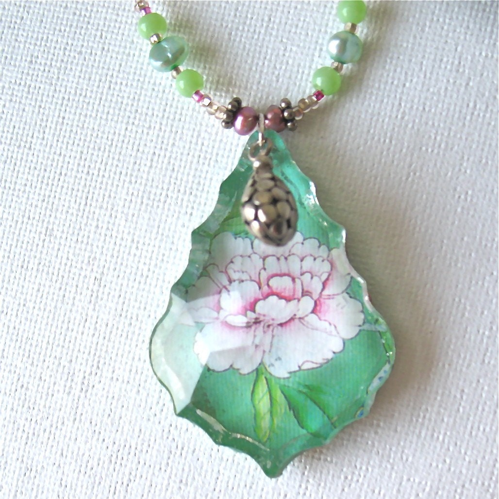 Eliza, a pink and green crystal pendant necklace