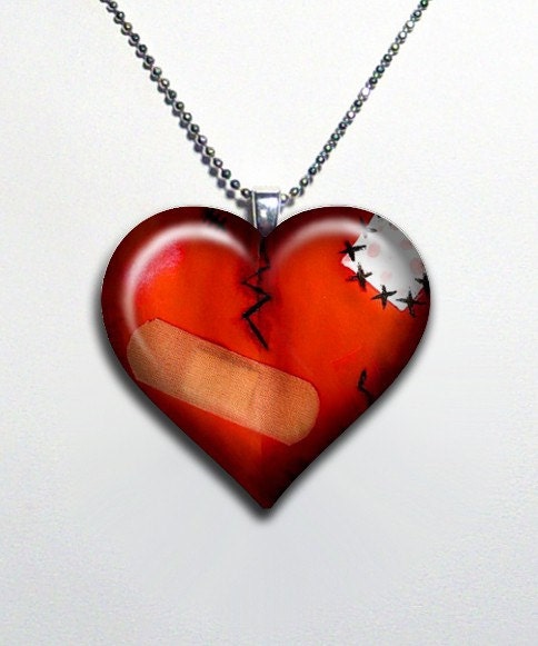 Bandaged Emo Broken Heart Glass Pendant Necklace 42-H