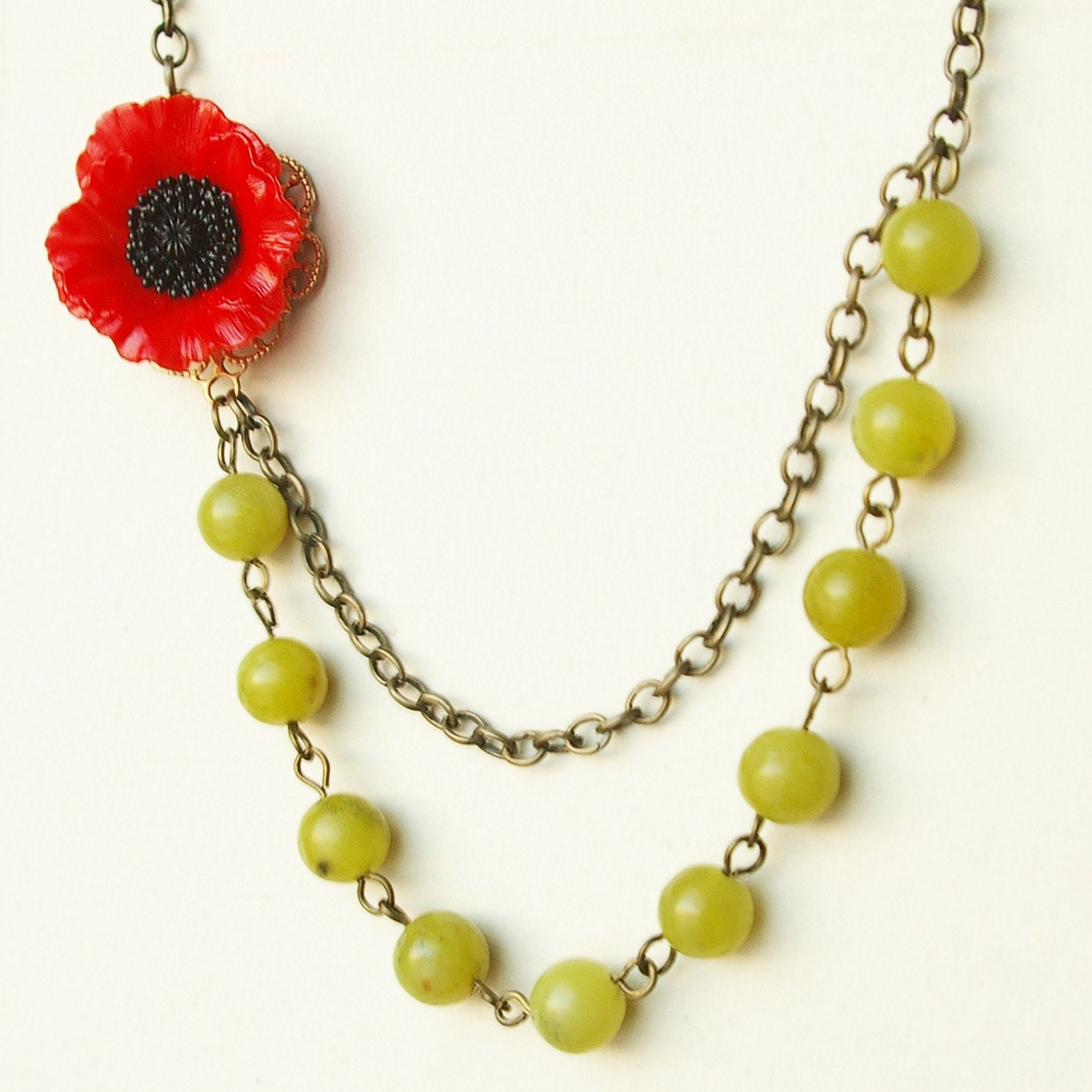 Pippa, Red Poppy and Pea Green Jade Necklace NEW