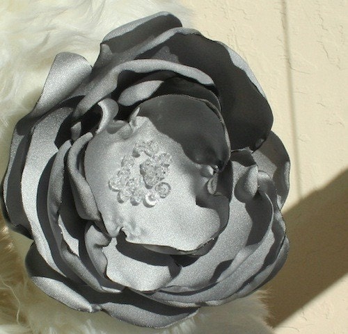 The Grace: Silver Satin Hair Clip, Pin or Brooch Fabric Rose Flower