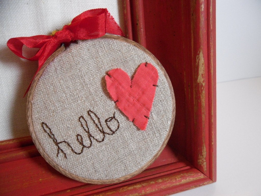 Valentines Day Hello Love Vintage Upcycled 3 inch Hoop - Great Stocking Stuffer by TheCareerScrapper on Etsy