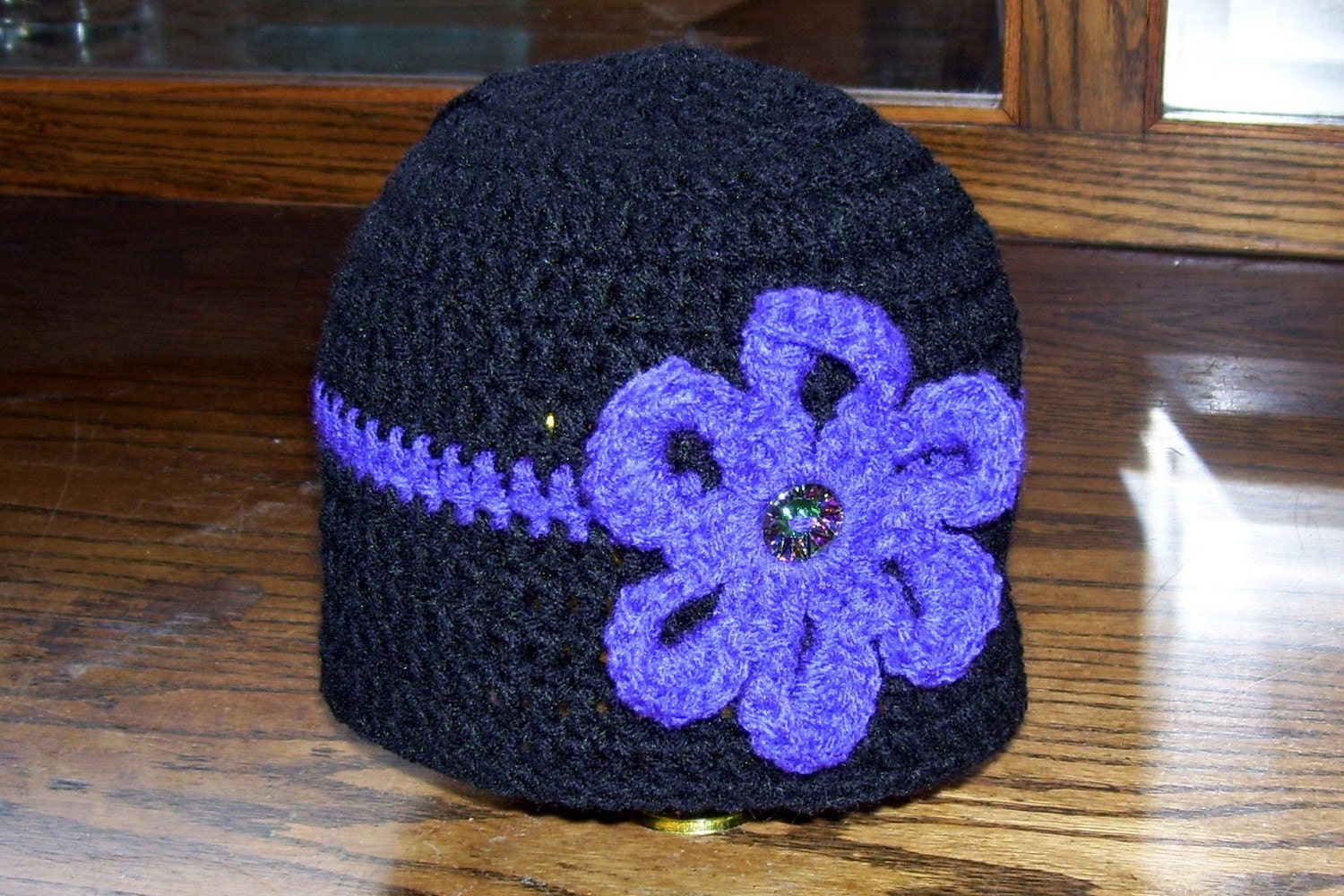 35% OFF with code FEATURED.....Black Crochet Hat w/ Purple Flower Pretty