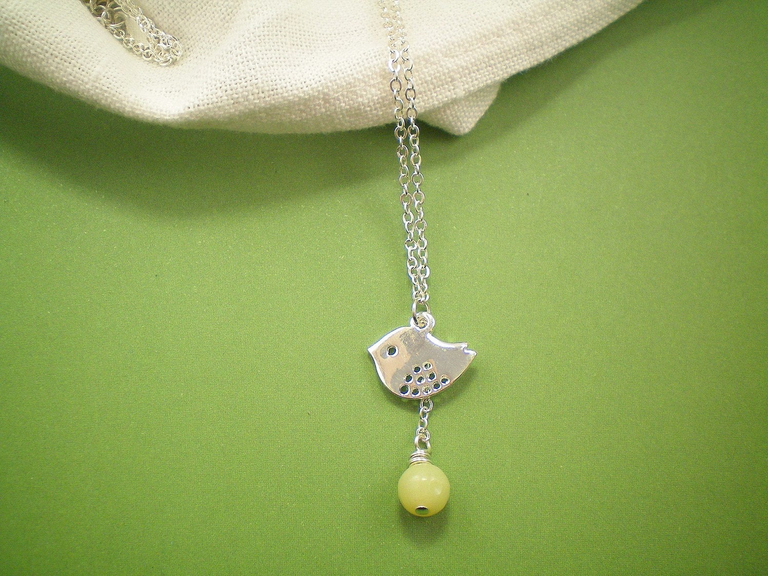 Silver Mod Bird and Lemon Jasper Drop Necklace