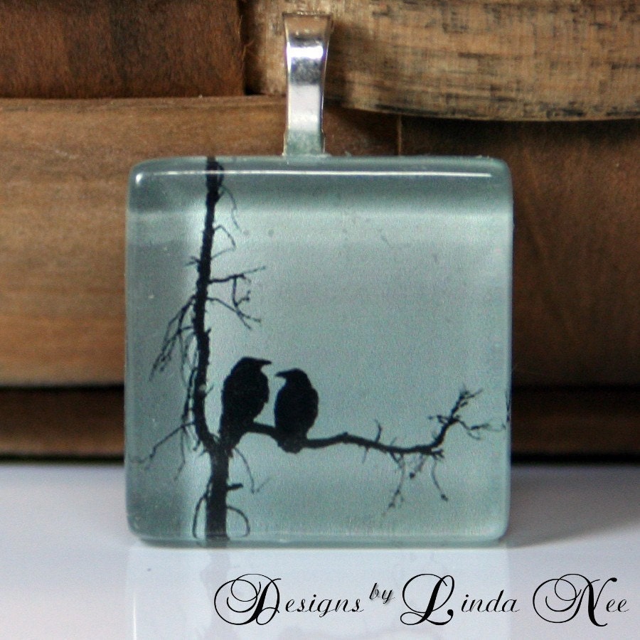 Black Raven Birds standing on Tree on GLASS Tile or WOOD Pendant with silver plated aanraku bail by Designs by Linda Nee designsbylindanee