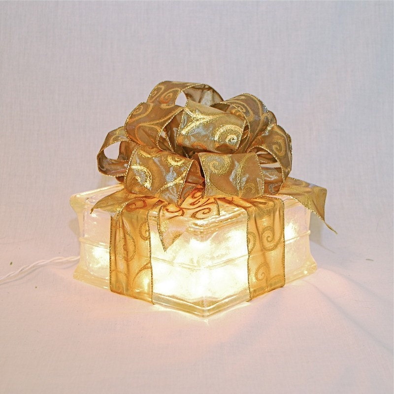 Light-Up Glass Block w/ Deep Gold Swirl Bow