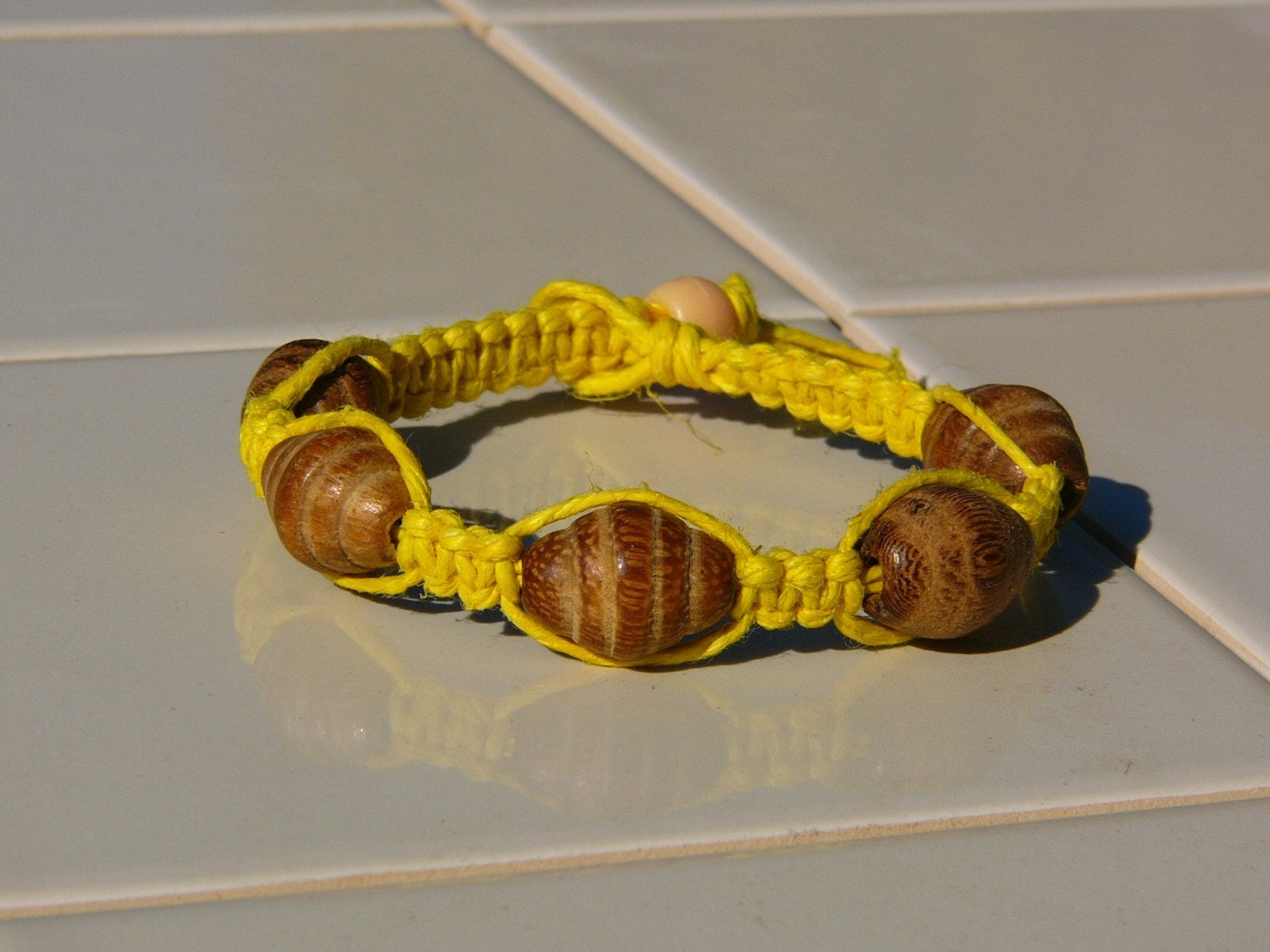 Yellow Hemp Bracelet with Oval Carved Wood Beads