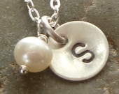 Pearl and Initial Personalized Sterling Silver Petite Disc Necklace with Freshwater Pearl and Oval Link Chain