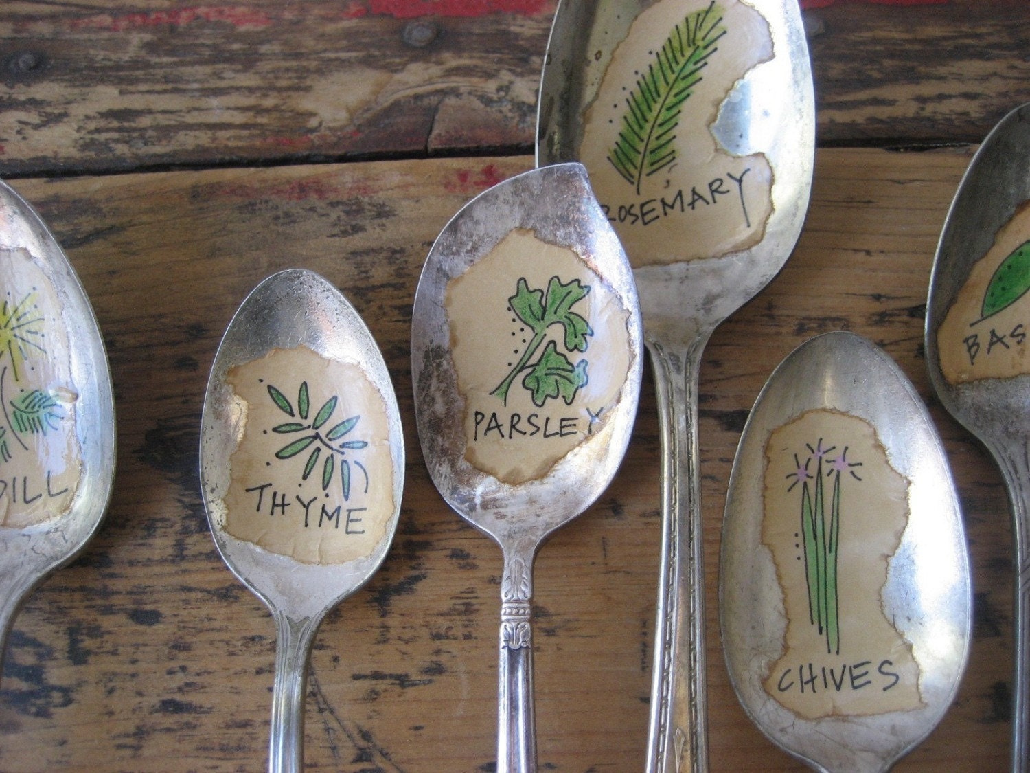 HERBS   5 Illustrated Vintage Silverware Spoon Garden and Plant Markers