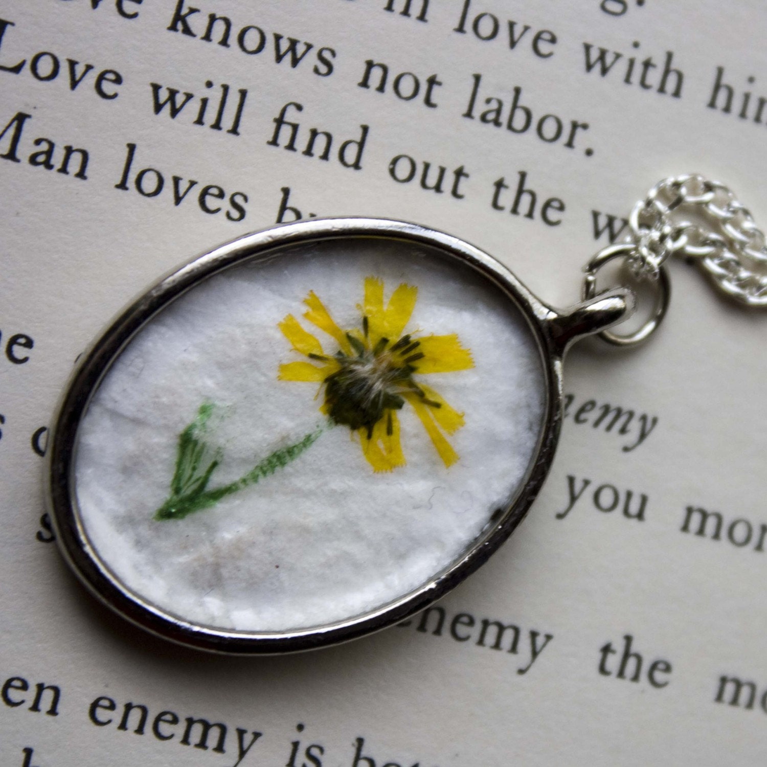 Golden Wildflower with a hand drawn stem - Real Botanical Jewelry with Handmade Paper