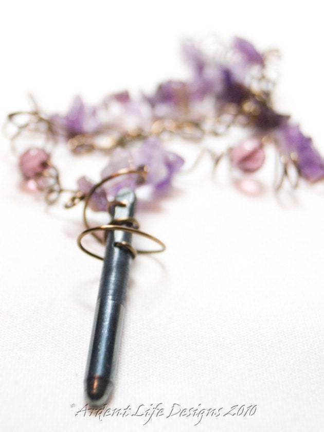 Zithering Amethyst - A Necklace of Chain, Amethyst and A Zither Pin - Free Shipping
