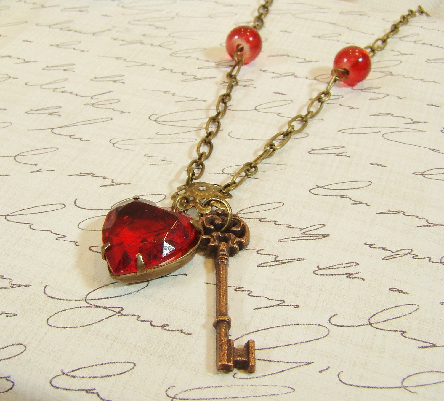 SALE Key to My Heart Vintage Ruby Red Heart with Antiqued Key Charm Necklace