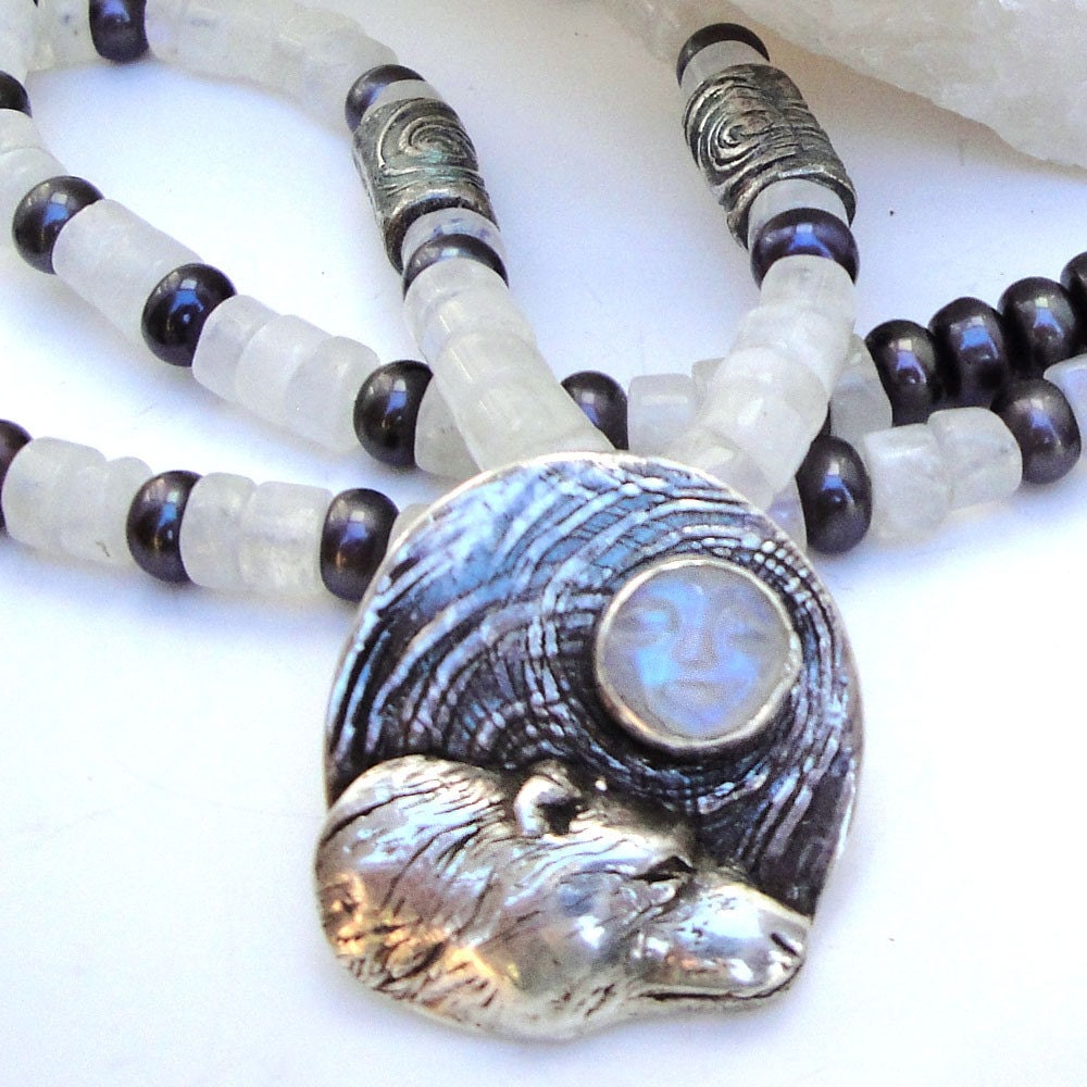 Bear Necklace with Carved Moonstone Handmade OOAK Silver