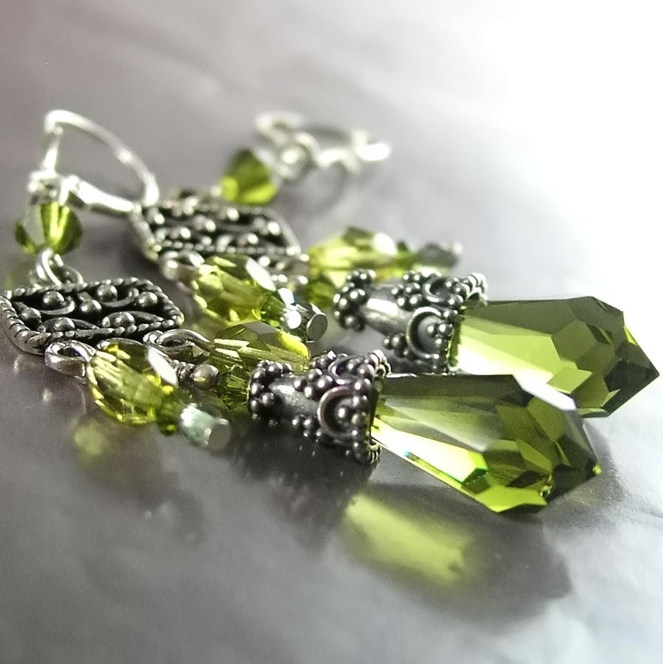 ALLURE Earrings, Olive Green Swarovski Crystals, Sterling Silver